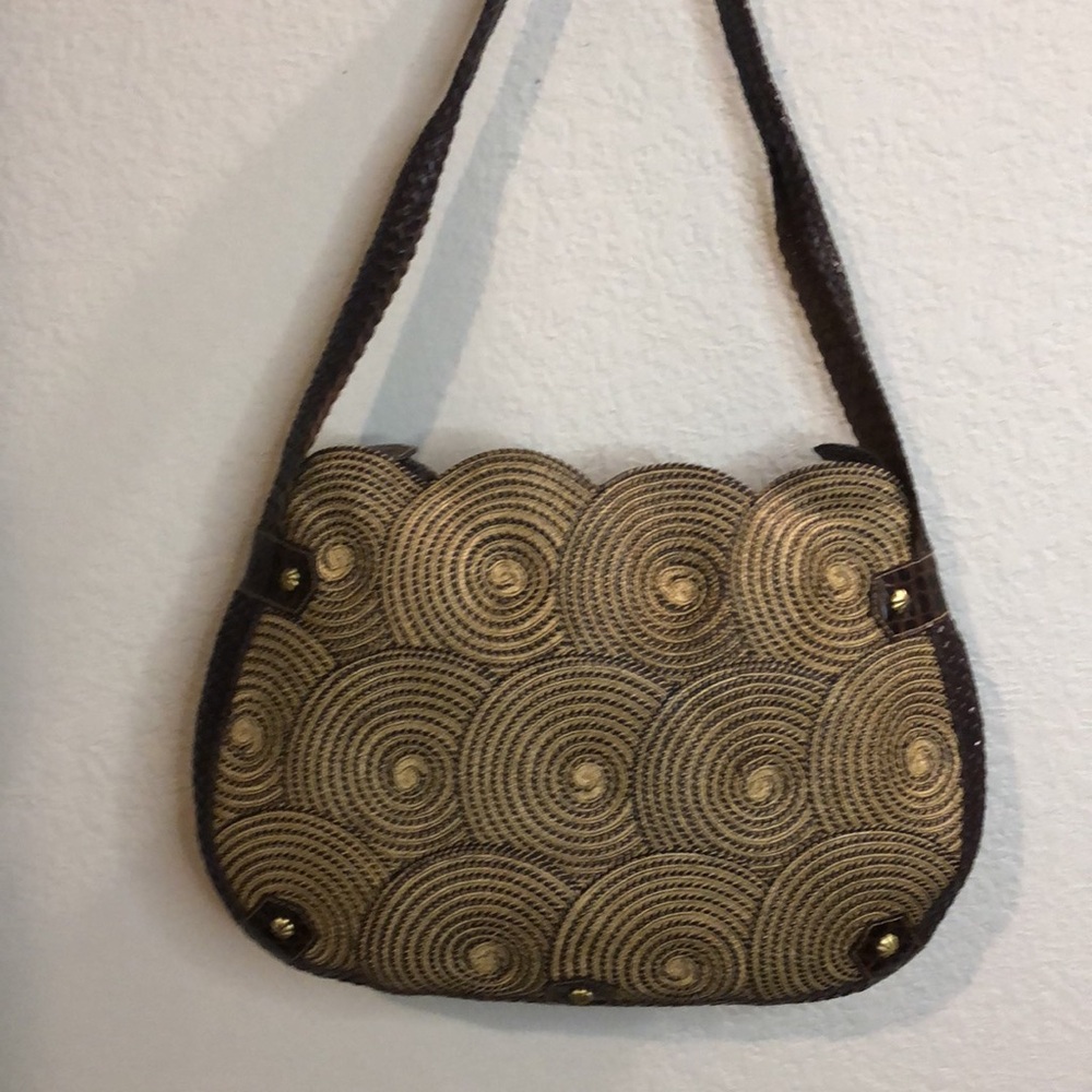 Eric Javits Large Straw Swirling Medallions Leather  Bag RARE Vtg looks new - Picture 4 of 12